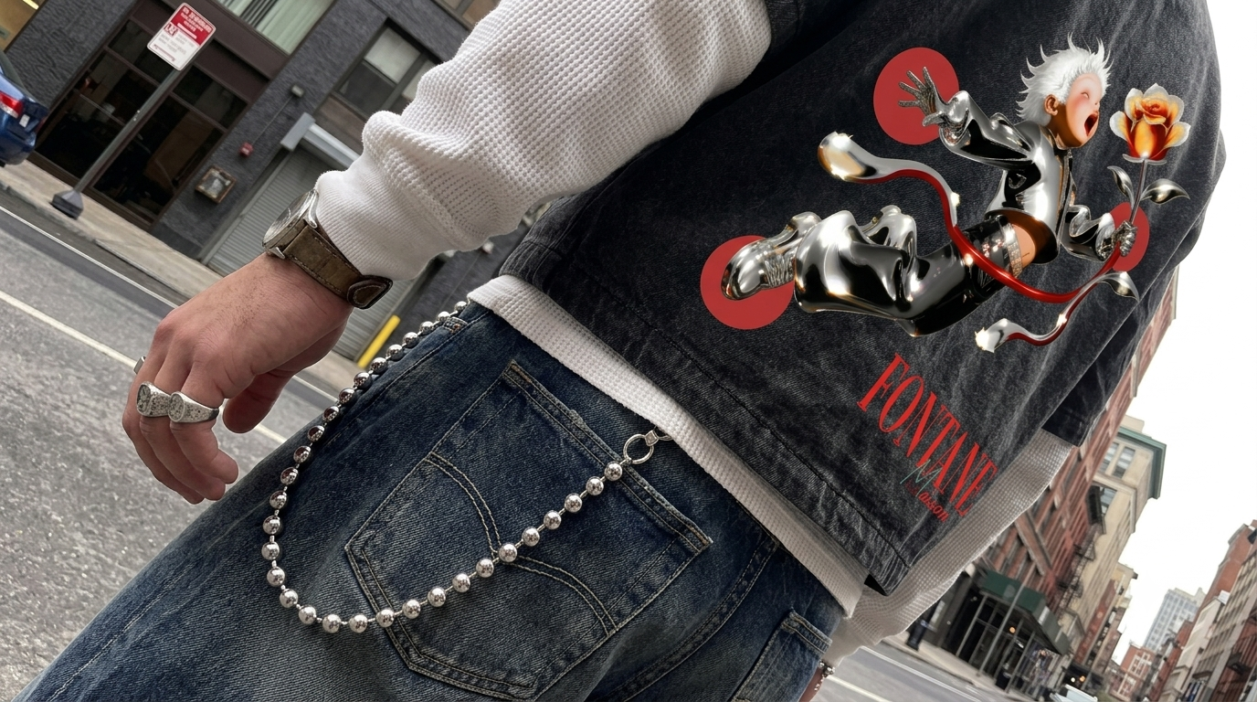 Symphony of Sin acid-wash tee worn on the street, chrome and crimson back graphic in detail