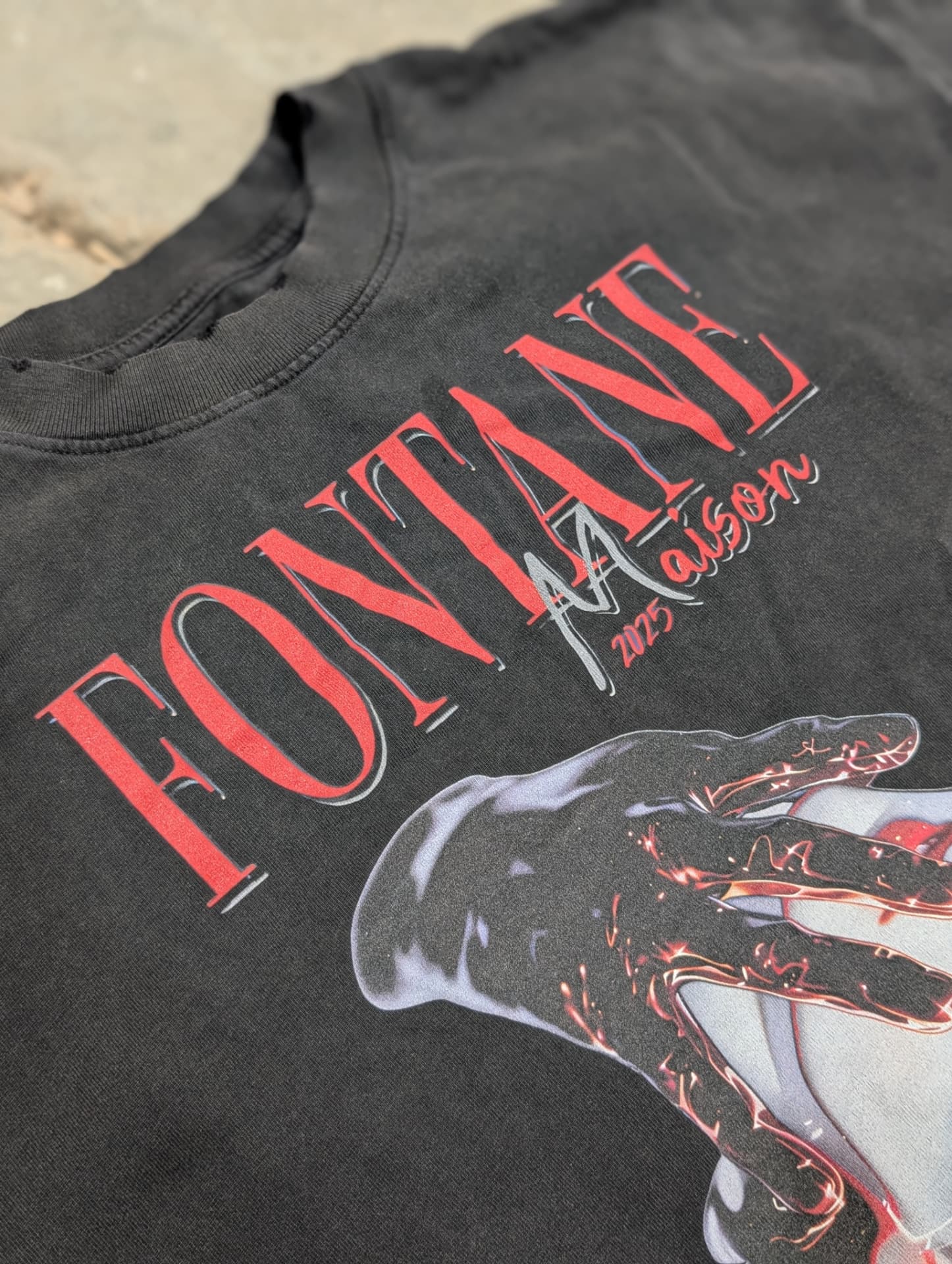 Fontane Hand Distressed Tee — skeletal hand graphic
