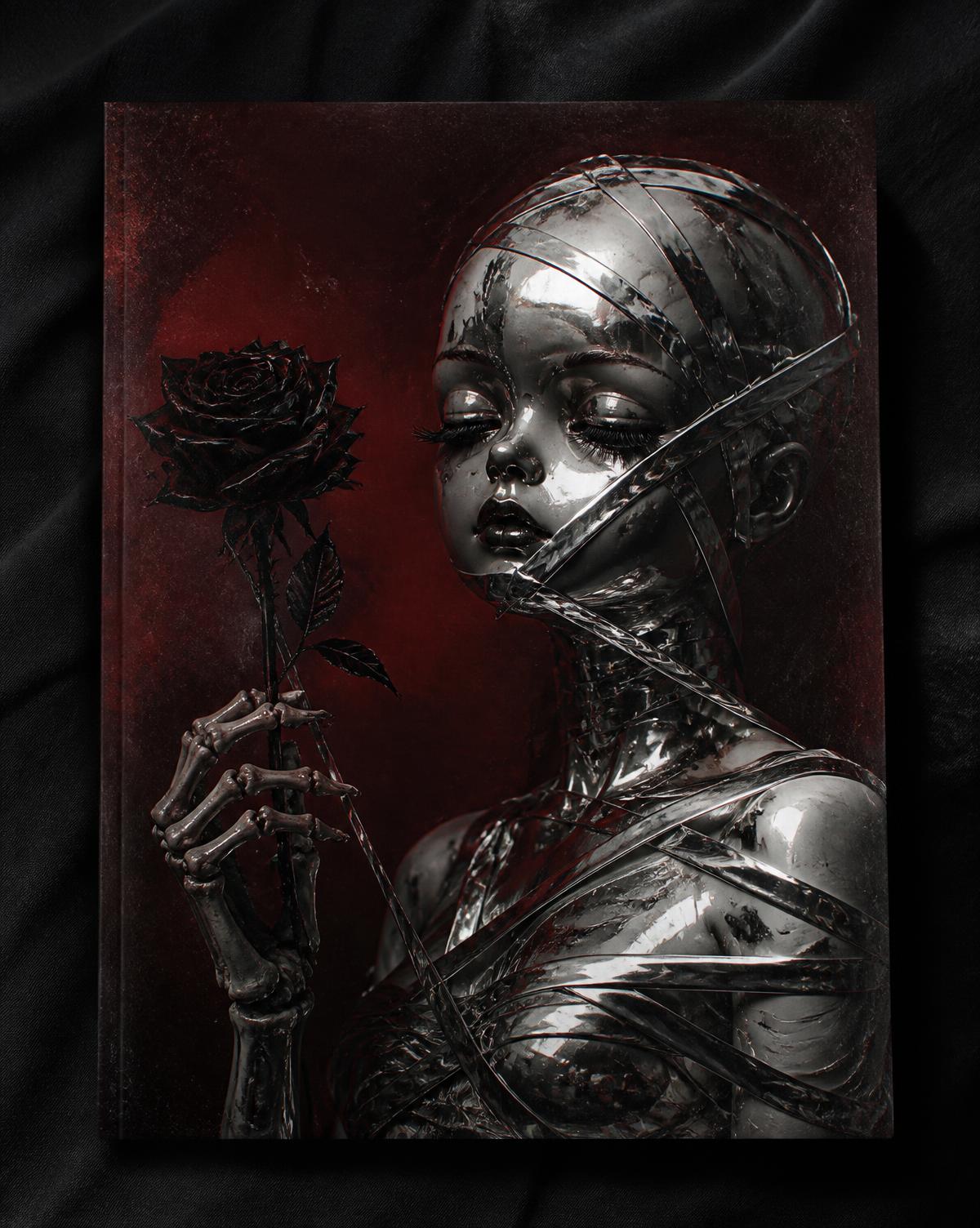 Chrome doll figure with skeletal hand holding a black rose